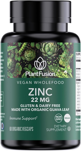 [BRSROAIFBEFRS235] PlantFusion Vegan Zink-Ergänzungen 22 mg – Wholefood Complex, Chelat Zink Citrat aus Bio Guava Blatt für Immununterstützung, 60 Kapseln