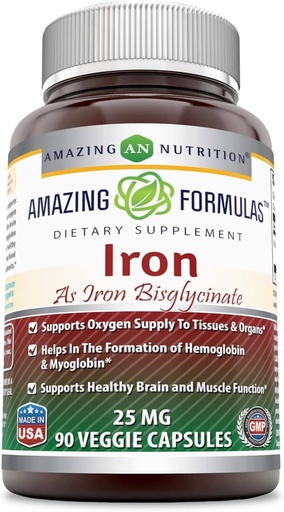 [BRSWGGICCIOQYGYV] Amazing Formulas Jern som Iron Bisglycinate 25 Mg Veggie kapsler (Non-GMO, Gluten Free) - Understøtter Oxygen Tilgang til væv & organs- Hjælper i Dannelse af hæmoglobin & Myoglobin. (90 Veggie kapsler)