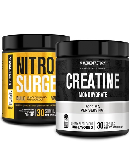 [BRSRA2TYPIIQ4FA6] Jacked Factory Nitrosurge Build Pre Workout with Creatine for Muscle Building (30 Servings, Arctic White) & Creatine Monohydrate Powder for Muscle Growth & Increased Strength (30 Servings, Unflavored)