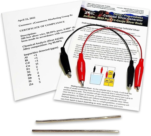 [BRSROFTRBV7Q4H34] Colloidal Silver Generator Wire 99.99% Pure 12-Gauge (0.08 in./2.06 mm) Set of (2) 4-Inch Rods + Mini/Travel Generator - Includes Wires + Complete Instructions