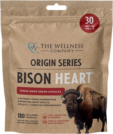 [BRSRAZT2PIPWAA3X] The Wellness Company Bison Heart | 180 Collagen Capsules (1 Month Supply) | Grass-Fed Freeze-Dried Organ | Non-GMO, Gluten-Free | Supports Strength, Recovery & Vitality