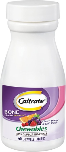[BRSWIGIABICWKFT6] Caltrate Chewables 600 Plus D3 Plus Minerals Calcium Vitamin D Supplement, Cherry, Orange and Fruit Punch - 60 Count