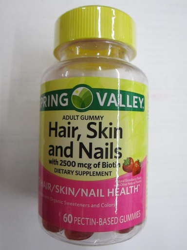 [BRSWGBQKAAPWCFDG] Spring Valley Adult Hair, Skin, Nails, 2500 mcg Biotin, Strawberry, 60 Gummies (Pack of 2)