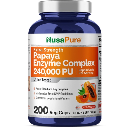 [BRSWGGQZAFYWOC3D] NusaPure Papaya Papain Enzyme Complex 240,000 PU - 200 Veggie Caps - Suitable for Vegetarian, Vegan Non-GMO