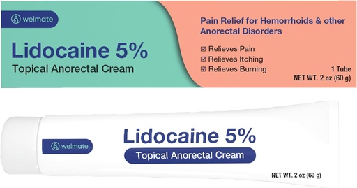 [BRSROAALCN7BSC3F] WELMATE - 5% Lidocaine Numbing Cream, 2oz (60g) - Maximum Strength Lidocaine Cream - Hemorrhoid Relief - External Use Anesthetic, Vitamin E - Child Resistant - Topical Skin Care