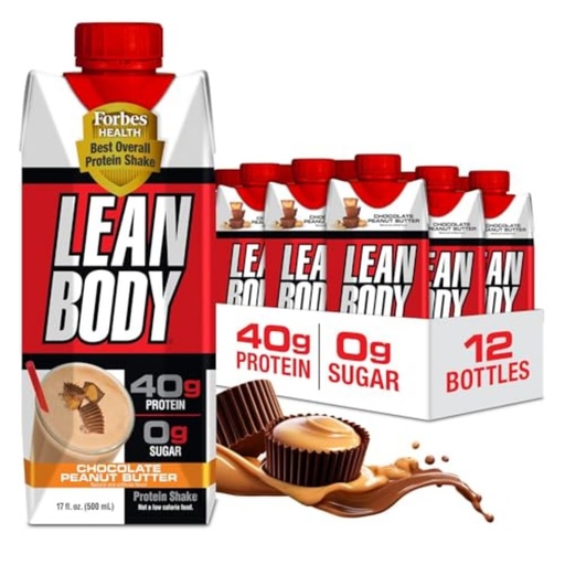 [BRSRMAIRDMFBAYA2] Lean Body Ready-to-Drink Protein Shake, 40g Protein, Whey Blend, 0 Sugar, Gluten Free, 22 Vitamins & Minerals, (Recyclable Carton & Lid - Pack of 12) LABRADA (Chocolate Peanut Butter)