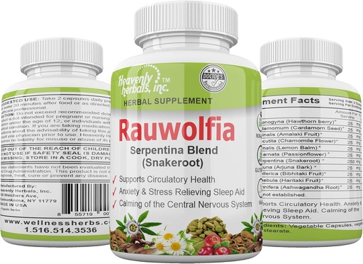 [BRSWGCQ5CIDQ4CIZ] Rauwolfia Serpentina Blend (Snakeroot), 1000mg per Serving - Organic Herbal Supplement - Ayurvedic Herb & Natural Remedy -Supports Circulatory Health, Cardiovascular Health Aid– 60 Ct.