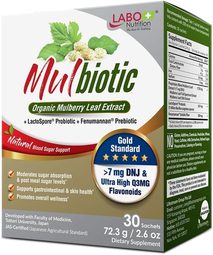 [BRSW22YTDN5GKETX] LABO Nutrition Mulbiotic, Organic Mulberry Leaf Extract + LactoSpore Probiotic & Fenumannan Prebiotic, for Carb Cravings Support, Vegetarian, Non-GMO