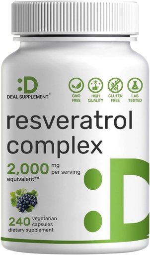 [BRSRAGA6CFYRSAY6] Resveratrol Complex 2.000mg, 240 Veggie Capsules - Ekstra Trans- Resveratrol dengan NAD, Quercetin, Curcumin, Grape Seed & More - Healthy Aging Antioksidant untuk Dukungan Energi & Otak