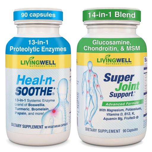 [BRSWYAADDECRQGT2] HEAL-N-SOOTHE & Super Joint Support Supplements Bundle- Proteolytic Enzymes (Bromelain & Papain), Glucosamine, MSM, & Turmeric for Strong Joints, Flexibility & Body Wellness – 180 Capsules (2 Pack)