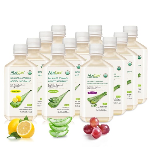 [BRSROBLYCADQ2DLZ] AloeCure Aloe Vera Juice - 12 chai mẫu nhỏ Pack - Grape, chanh, Flavor tự nhiên, 12x500ml