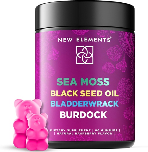 [BRSROAAZBMGROFD4] Organic Sea Moss Gumies with Black Seed Oil, Bladderwrack & Burdock Root - Irish Sea Moss Papildinājums 1000mg - 4 in 1 Advanced Formula 4X Stronger -- Aveņu Flavor -Vegan - Non-GMO -Lutten-Free