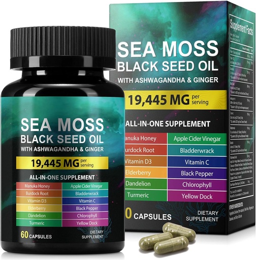 [BRSRAADYPMMGGDQV] Sea Moss Black Seed Oil Ashwagandha Ginger, Sea Moss Kapszula kiegészítés Turmeric Burdock Root Bladderwrack C-vitamin D3 Enhanced Immunity & Energy Black Seed Oil Capsule 60