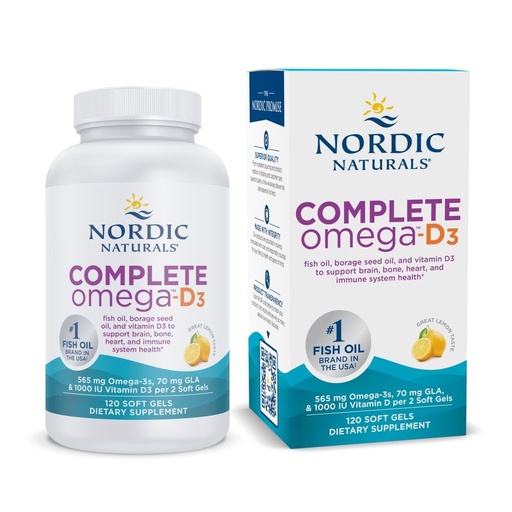 [BRSWIYA6C4FBQEDK] Nordic Naturals Complete Omega-D3, Lemon Flavor - 120 Soft Gels - 565 mg Omega-3 + 70 mg GLA + 1000 IU Vitamin D3 - EPA & DHA - Healthy Skin, Cognition, Positive Mood - Non-GMO - 60 Servings