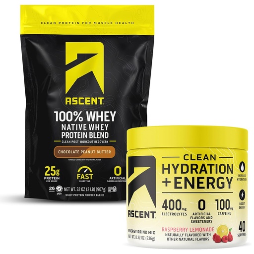 [BRSRA2QEBECRYHTH] Ascent 100% Whey Protein Powder, Chocolate Peanut Butter 2 lb & Hydration + Energy Electrolytes, Raspberry Lemonade 40 Servings