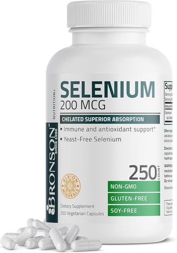 [BRSWIZQEBUFRSA36] Bronson Selenium 200 mcg - Į rytus nuo Free Chelated Amino Acid Complex - Eteriniai pėdsakai Mineralų su Superior Absorbcija, 250 Vegetariškų kapsulių