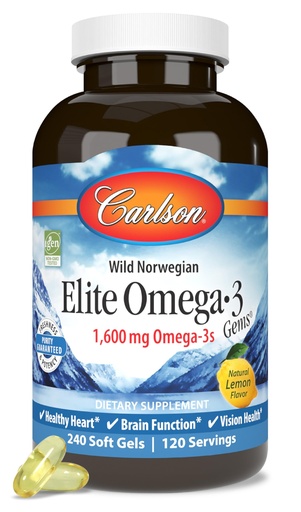 [BRSWIZ35CENBOGTA] Carlson Elite Omega-3 Gems, 1600 mg Omega-3 with EPA & DHA, Lemon Flavor, 240 Softgels – Wild-Caught Norwegian Fish Oil, Sustainably Sourced