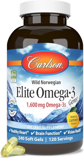 [BRSWIZ35CENBOGTA] Carlson Elite Omega-3 Gems、1600 mg Omega-3 with EPA&DHA、レモンフレーバー、240 Softgels - ワイルドキャッチ ノルウェーの魚油、持続的に供給