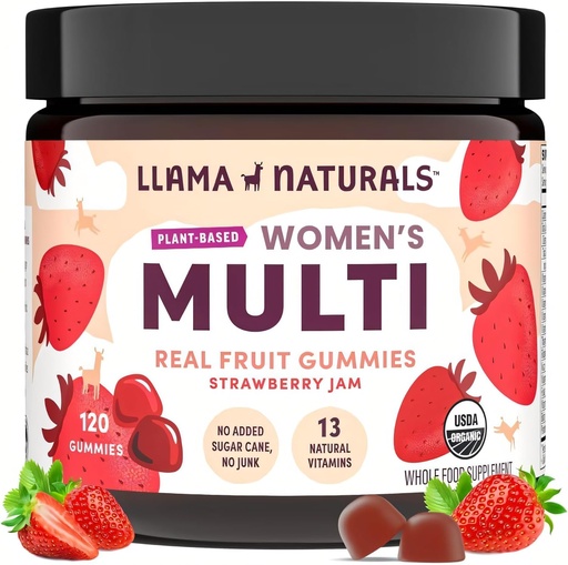 [BRSRA23QOINGC3LX] Llama Natural multivitamínico para mulleres, Vegan, Gummies orgánicos con vitamina D, C e K, Vitaminas de froitas reais das mulleres, Suplemento multivitamínico, Cana de azucre engadido, fresas 120 Ct