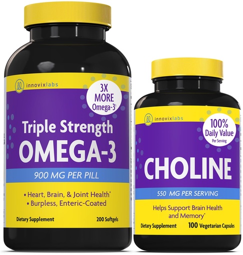 [BRSRAGQ7AECGMFIV] InnovixLabs Choline & Triple Omega-3 Bundle Choline Bitartrate 550mg (100 Capsules) Triple Strength Omega (200 Softgels). Supports Memory, Mood, Brain Health & Boost Cognitive.*