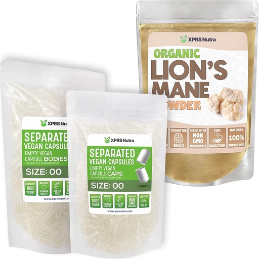 [BRSRMFIEB4BRG3D6] XPRS Nutra Отделен размер 00 капсули (1000 броя) с Lion's Mane прах (8 Ounce) Bundle