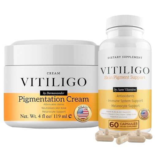 [BRSRAFDYPICQE3T3] Dermawonder Vitiligo Supplement & Pigmentation Cream Set | 60 Vitiligo Capsules and 4fl Oz Cream | Reduce White Spots, Improve Skin Pigmentation & Neutralize Skin Tone | Natural Solution (1)