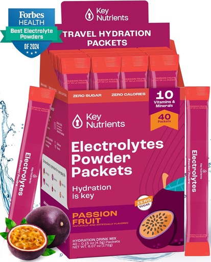 [BRSROBD4CB7WC23Z] KEY NUTRIENTS Multivitamin Electrolytes Powder Packets - Delicious Passion Fruit 40 Pack Hydration Packets - Travel Hydration Powder - No Sugar, No Calories, Gluten Free - Made in USA