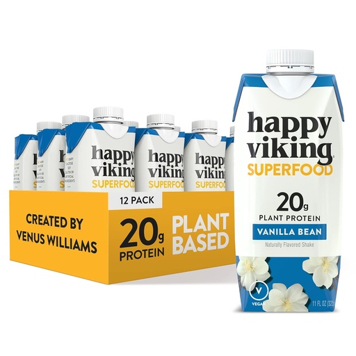 [BRSWYHYLOV7GOYDL] Vanilla Bean Vegan Plant Protein Shakes by Happy Viking, Created by Venus Williams, 20g of protein, Omega-3, 9 Amino Acids and BCAAs, Gluten-Free, Non-GMO, Ready to Drink, Pack of 12 (11oz)