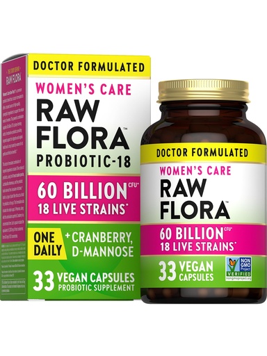 [BRSRAYAFB4BW2AIV] Raw Flora Women's Probiotics | Dr. Formulated 60 Billion CFU + Prebiotics | Digestive, Vaginal & Urinary Support | 33 Vegan Capsules with Cranberry & D-Mannose | Shelf Stable