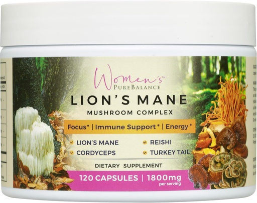 [BRSRA2YNOYMBO3YZ] Naiste PureBalance Lion's Mane Seene Täiendus Kapslid Reishi, Cordyceps, Türgi Saba - Aju Nootroopne mälu, fookuse, loodusenergia ja immuunsuse tugi, Non-GMO (120 kapslit)