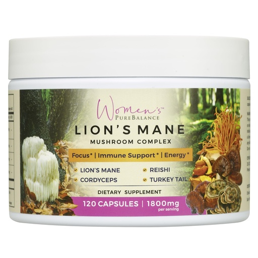 [BRSRA2YNOYMBO3YZ] Women's PureBalance Lion's Mane Mushroom Supplement Capsules with Reishi, Cordyceps, Turkey Tail – Brain Nootropic for Memory, Focus, Natural Energy, & Immune Support, Non-GMO (120 Capsules)