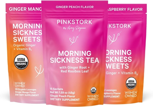 [BRSWIBT2CIFBOEL4] Roze Ooievaars Ochtend Ziekte Relief Kit 3-Piece Bundel met biologische Gember Peach Thee, B6 Sweets, Ginger Losenges 