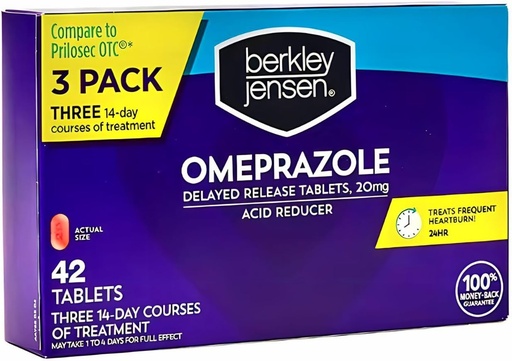 [BRSWYYIYDMPRGA3A] Berkley Jensen Omeprazole 20 mg Comprimés à libération différée - médicaments pour brûlures d'estomac - pilules réducteurs d'acide - traite les brûlures d'estomac fréquentes - 3 cours de 14 jours, 42 Nombre total (paquet de 1)