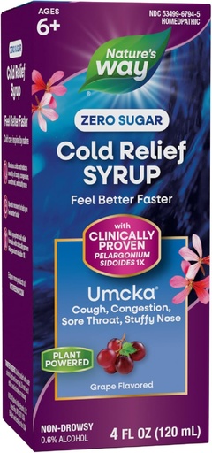 [BRSWIYQQBYCAKHL6] Nature's Way Cold Relief Zero Sugar Syrup, Umcka, Homeopathic, Shortens Colds, Sore Throat, Cough, Congestion, and Stuffy Nose, Phenylephrine Free, Grape Flavored, 4 Fl Oz (Packaging May Vary)