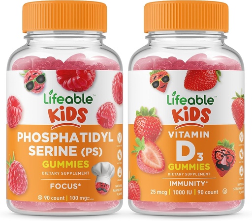 [BRSW2H33CMCBUADH] Lifeable Phosphatidylserine (PS) Kids + Vitamin D Kids, Gummies Bundle - Great Tasting, Vitamin Supplement, Gluten Free, GMO Free, Chewable Gummy