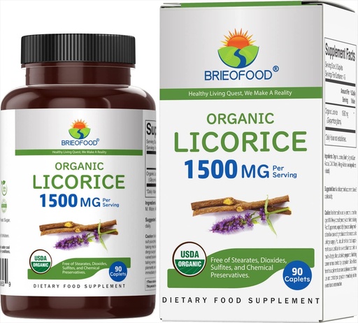 [BRSRMZDQCMGROH3Z] Brieofood Organic Licorice 1500mg, 45 Servings, Vegetarian, Gluten Free, 90 Vegetarian Tablets