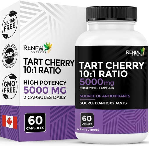 [BRSROCQNA4PA4HLD] Renew Actives Tart Cherry Extra 500mg per 2 Capsules – High-Potency Antioxidant for Free Radical Protection & Wellness – 60 Easy-to-Swallow Capsules – Made in Canada