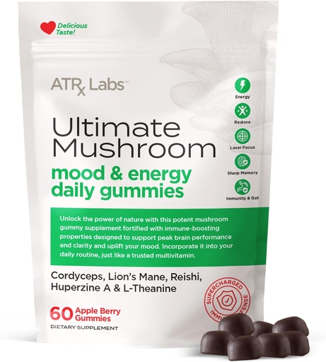 [BRSROAQDCV6RQYDG] Ultimate Mushroom Daily Gummies - Mushroom Gummies con Cordyceps, Lion’s Mane y Reishi, Plus Huperzine A & L-Theanine, mayo mejorar el Mood y la energía, Apple Berry Flavor, 60 Gummies