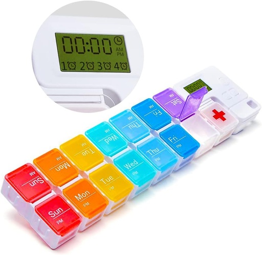 [BRSWYYI3BB6GMCYV] 7 Day Medicine Pill Organizer, 4 Reminder Alarms, Loud Sound, 14 Large Compartments, Large Screen, Moisture-Proof, Travel Weekly/Daily Pill Box/Organizer/Case/Container/Dispenser, AM/PM 2 Times a Day