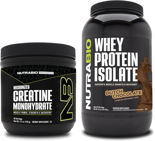 [BRSRAZ34OINRAEL2] NutraBio Creatine Monohydrate, Unflavored, 150g and Whey Protein Isolate, Dutch Chocolate, Supplement Bundle - Muscle Energy, Lean Muscle Growth, Recovery, and Strength