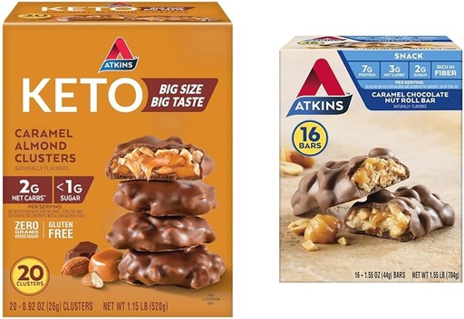[BRSROAIKC56AMALL] Atkins Caramel Almond Σμήνη, Gluten Free, High in Fiber, 1g Sugar, 2g Net Carb, Keto Friendly, 20 Count & Caramel Chocolate Nut Roll Snack Bar, Protein Snack, High in Fiber, 2g Sugar, 16 Count