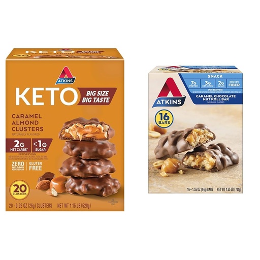 [BRSROAIKC56AMALL] Atkins Caramel Almond Clusters, Gluten Free, High in Fiber, 1g Sugar, 2g Net Carb, Keto Friendly, 20 Count & Caramel Chocolate Nut Roll Snack Bar, Protein Snack, High in Fiber, 2g Sugar, 16 Count