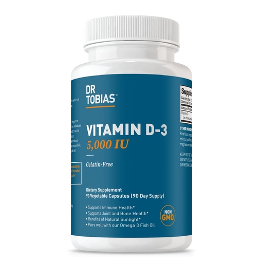 [BRSWGYIBAEMQ4HT7] Dr. Tobias Vitamin D3 5000 IU, Essential for Healthy Bones, Teeth, and Immune System, Extra Strength Vitamin D Supplement, Non-GMO, 90 Capsules, 90 Servings