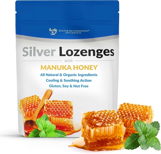 [BRSW2GIPPJ7QYDLF] Silver Lozenges with Organic Manuka Honey and Vitamin C - All-Natural Nano Silver 45-50mcg of 60 PPM Colloidal Silver Mineral Drops to Support Immune System, Soothe, Cool Cough & Throat, 24-Lozenges