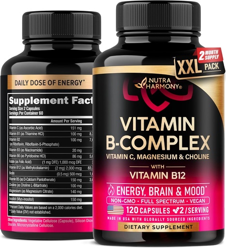 [BRSRAFIYCUBRAAL3] Complexa B per a homes i dones - Fhat a EUA - B-Complex: B1, B2, B3, B5, B6, B7, B8, B9, B12 amb vitamina C, Choline, Inosliol - Energia intel·lectual, implementació del cor suplementari, 120 Vegan Capules