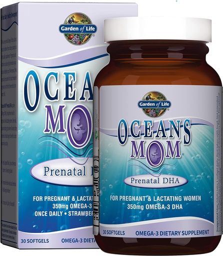 [BRSWIYLQB4HWM3DM] Garden of Life Oceans Mom Prenatal Fish Oil DHA, Omega 3 Supplement - Strawberry, 350mg Prenatal DHA Pregnancy Fish Oil Support for Mamas, Babys Brain & Eye Development, 30 Small Softgels