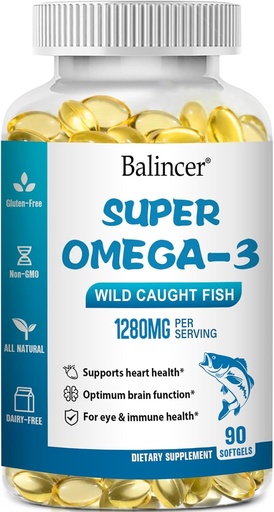 [BRSRA2YDCF6QEG3J] Omega 3 Fish Oil Supplements, 1280 mg Omega-3 Fatty Acids Including EPA and DHA, Wild-Caught Burpless Fish Oil Supplements Supports Heart, Brain and Eye Health, 90 Softgels