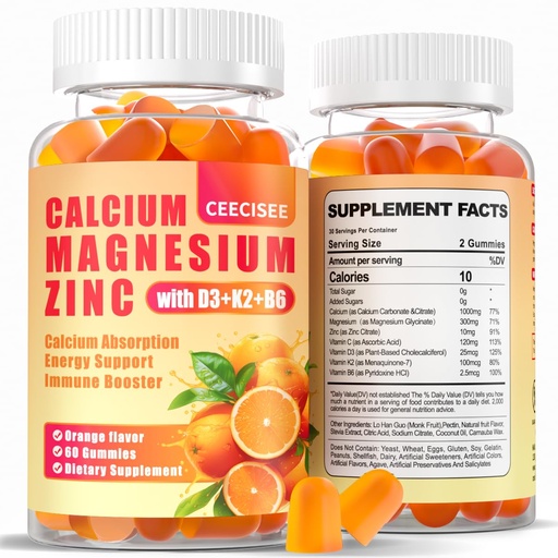 [BRSRAZIOA4AQ2HL4] Calcium Magnesium Zinc Gummies with D3 &B6 &K2,1000mg Calcium Gummies with 300mg Magnesium Support Immune Energy for Adults and Teens,Sugar Free(120Count)