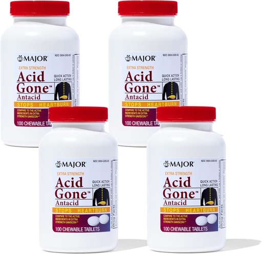 [BRSWIGY6AEPBW3T4] Major Acid Gone Extra Strength Antacid Chewable Tablets - Anti-Acid Relief - Acid Reflux Medicine for Adults - Upset Stomach, Acid Indigestion, and Heartburn Relief - Long-Lasting - 100-Count (4 Pack)
