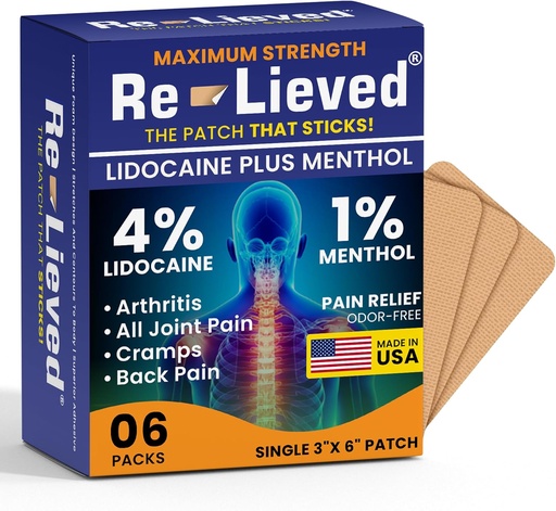 [BRSWYBD5C4MRA3DF] Re-lieved 4% Lidocaine Patches with Menthol - Maximum Strength Pain Relief for Back, Knee & Muscle Pain - Fast-Acting Medicated Patches - Made in USA - 6 Count